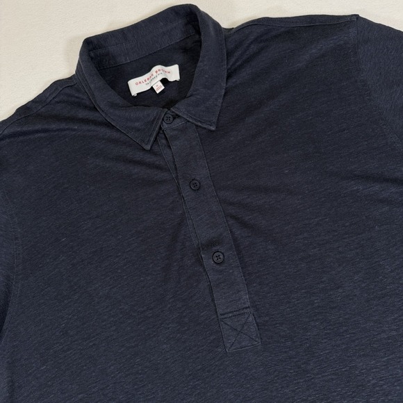 Orlebar Brown Mens XL Tailored Fit Navy Blue Linen Knit Sebastian Polo Shirt